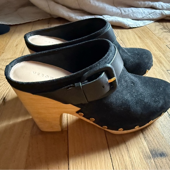 Veronica Beard Black Suede Studded Wooden Clog Mules - Picture 7 of 8